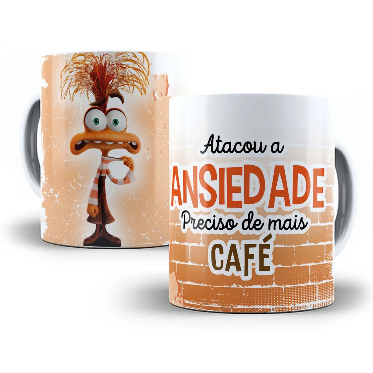 Artes Caneca Divertida Mente Frases Divertidas Café e Amigos 5 Duas canecas brancas com estampa de personagem cartoon e texto sobre ansiedade e café.