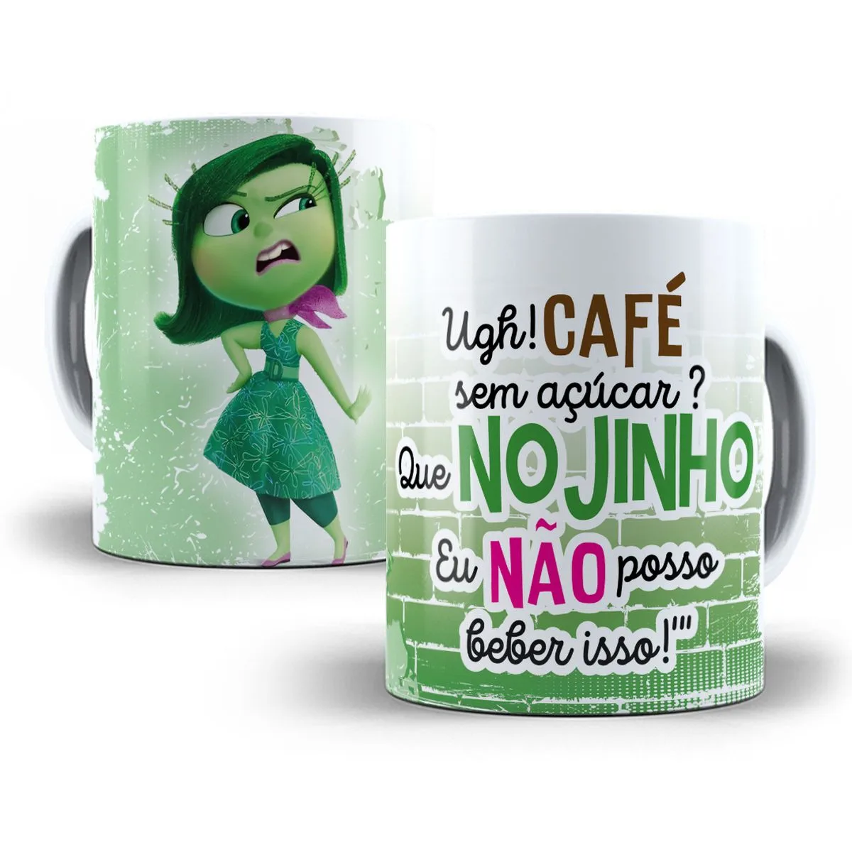 Artes Caneca Divertida Mente Frases Divertidas Café e Amigos 4 Duas canecas brancas estampadas com personagem verde feminina e texto em português.