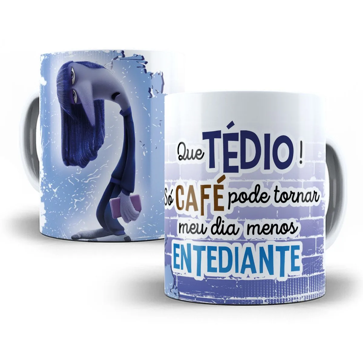 Artes Caneca Divertida Mente Frases Divertidas Café e Amigos 3 Caneca branca estampada com personagem feminino azul e frase sobre café e tédio.