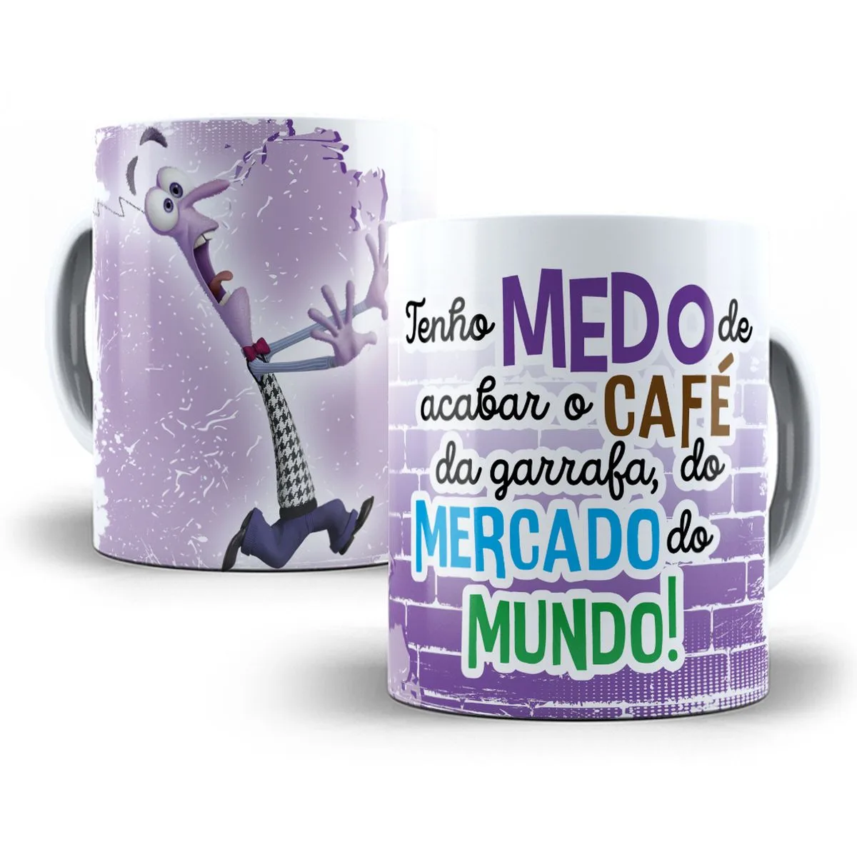 Artes Caneca Divertida Mente Frases Divertidas Café e Amigos 2 Duas canecas brancas com estampa de personagem roxo assustado e frases em português.