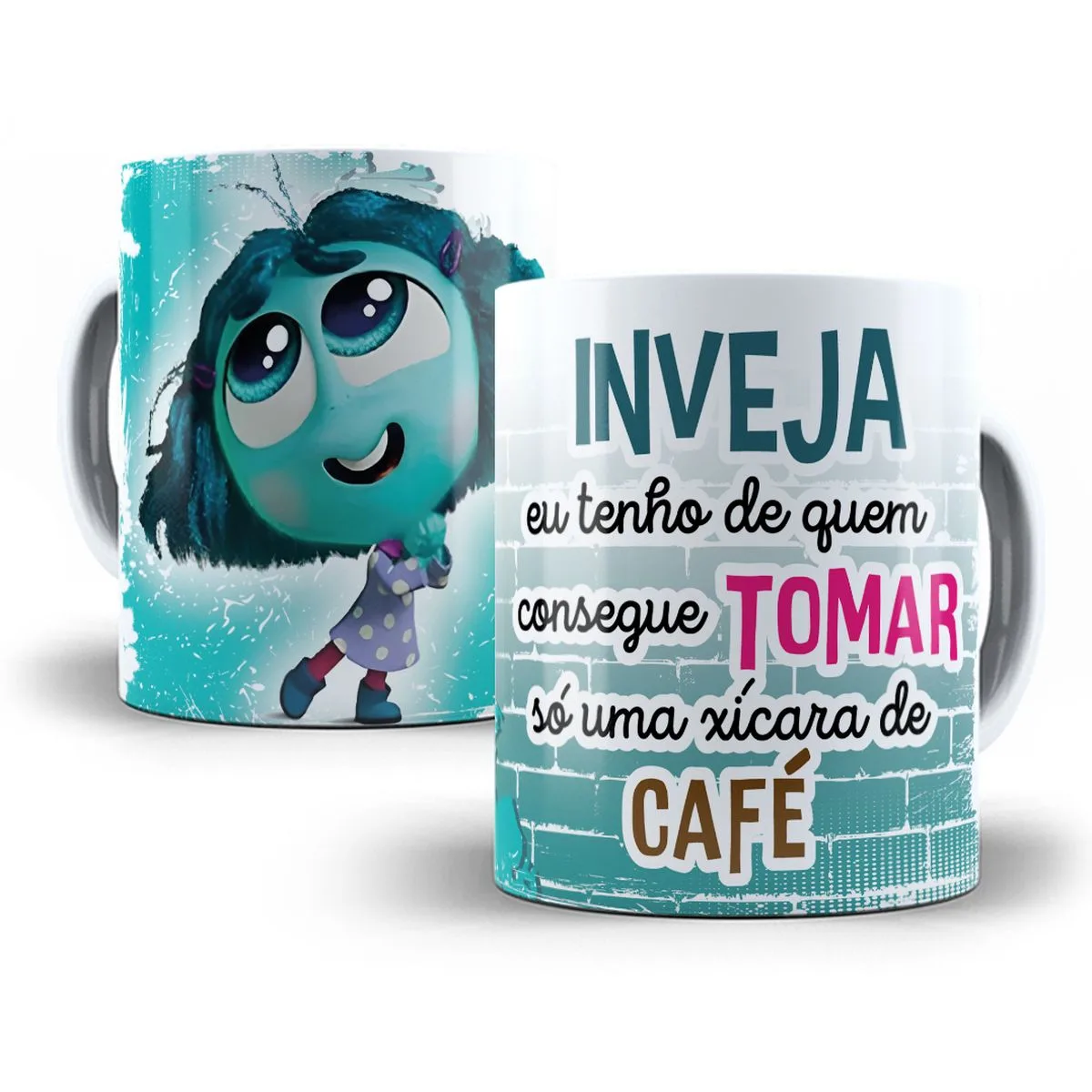 Artes Caneca Divertida Mente Frases Divertidas Café e Amigos 10 Duas canecas estampadas com ilustração de personagem azul e texto sobre café.