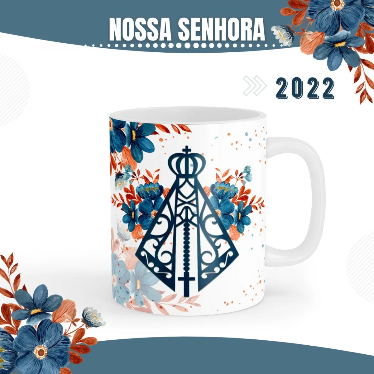 Caneca branca com estampa de silhueta religiosa cercada por flores azuis e laranjas.