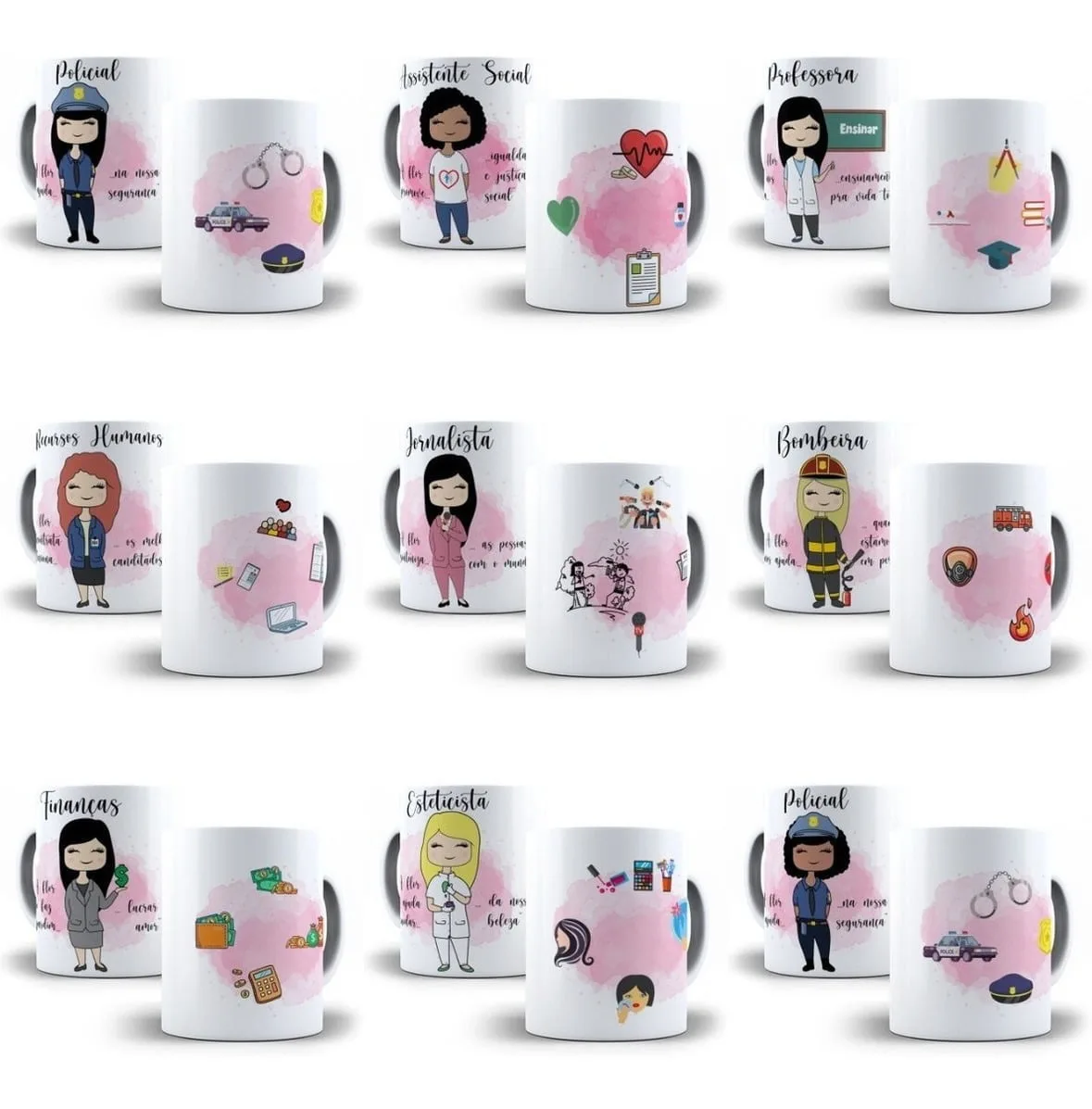 Artes Caneca Profissões Farmaceutica Jornalista Arquiteta 4 Coleção de nove canecas brancas exibindo ilustrações de diferentes profissões femininas com ícones relacionados.