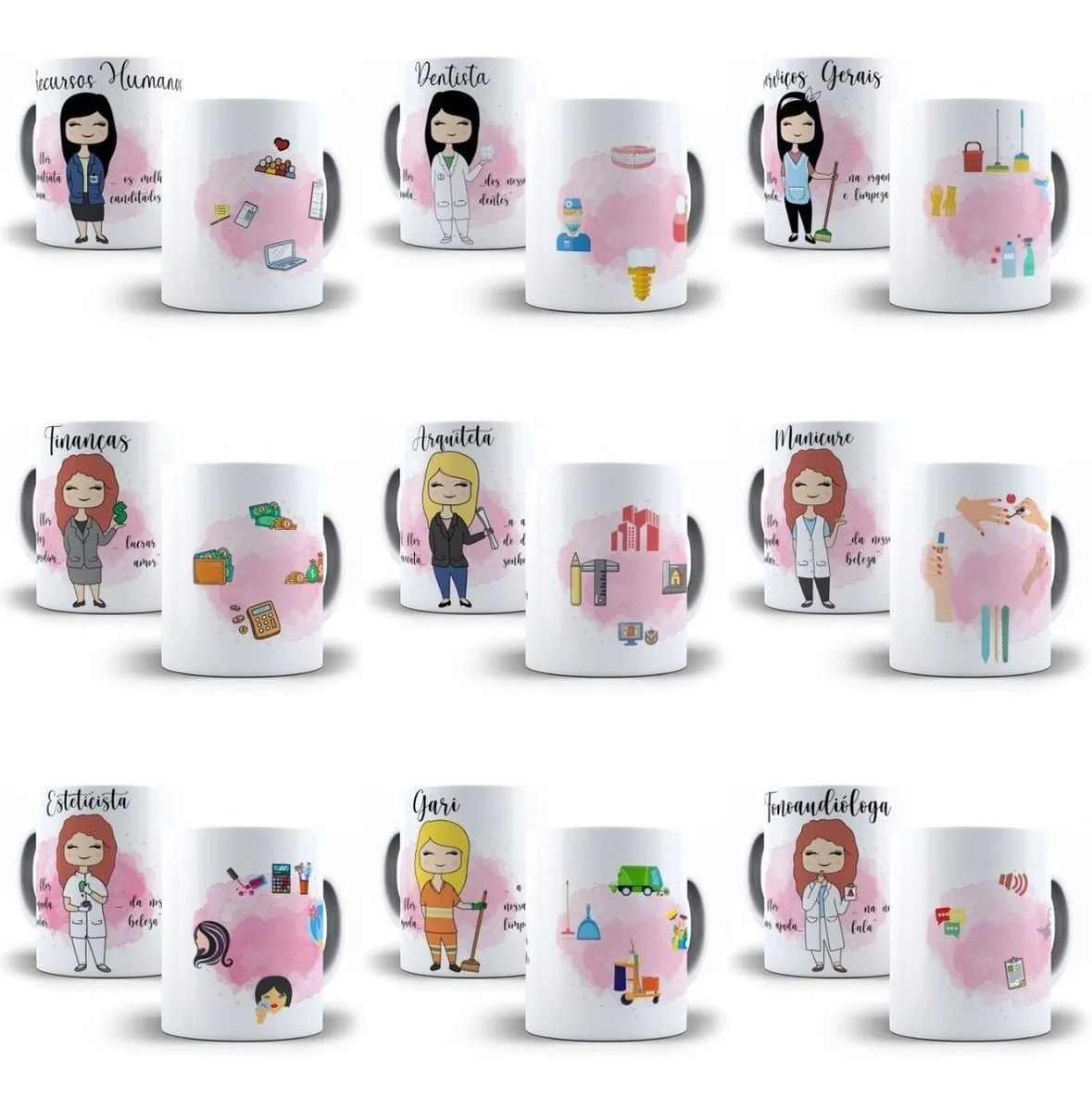 Artes Caneca Profissões Farmaceutica Jornalista Arquiteta 3 Coleção de canecas brancas estampadas com desenhos de profissionais e seus objetos de trabalho.