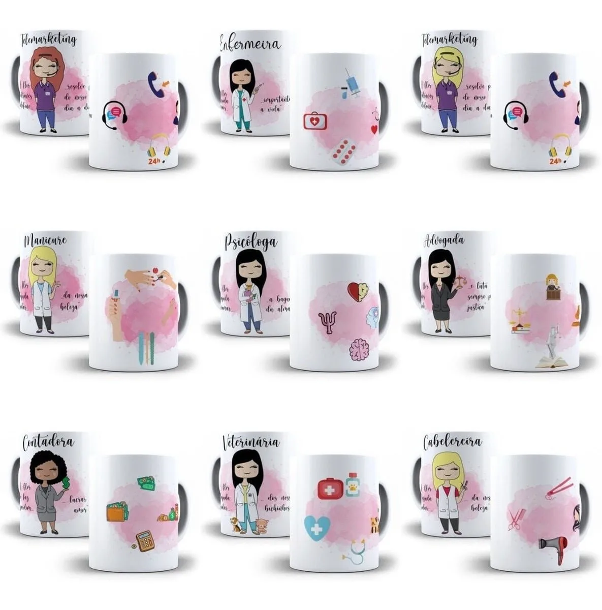 Artes Caneca Profissões Farmaceutica Jornalista Arquiteta 1 Coleção de nove canecas brancas exibindo ilustrações digitais de diferentes profissões femininas.