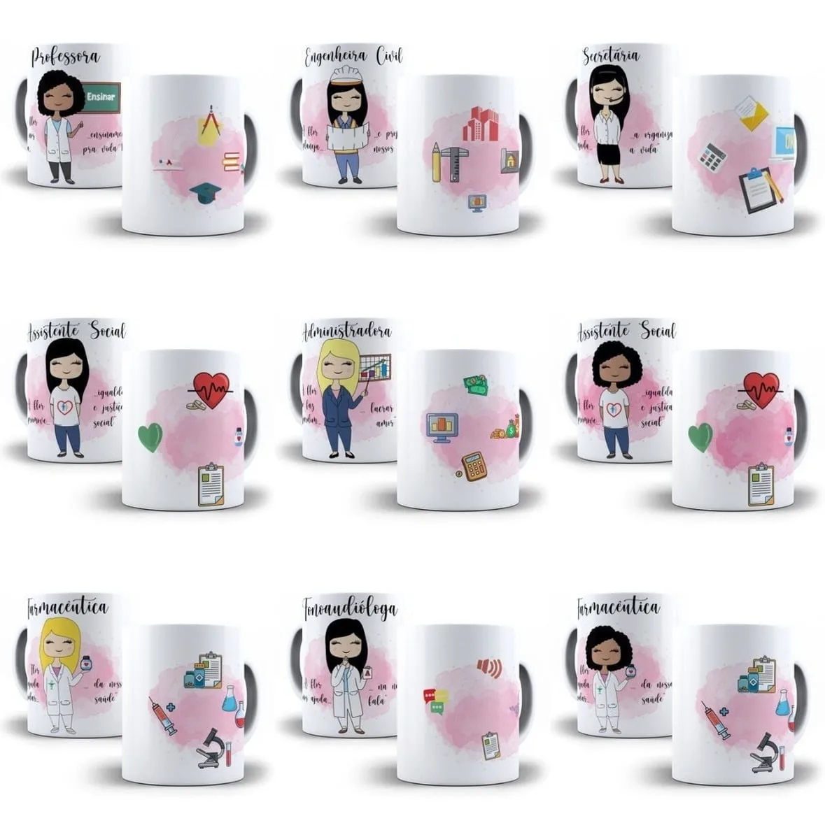 Artes Caneca Profissões Farmaceutica Jornalista Arquiteta 5 Coleção de canecas ilustradas representando diferentes profissões com elementos gráficos temáticos e fundos rosas.
