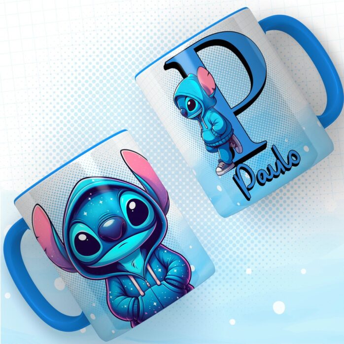 Artes Canecas Alfabeto Stitch Azul Png e pdf