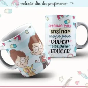 Duas canecas estampadas com ilustrações de professores e frases educativas coloridas