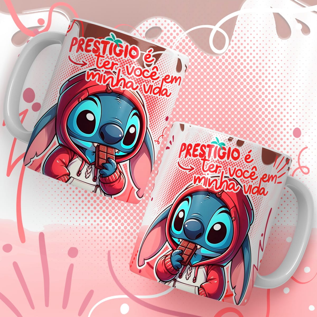 Kit Artes Caneca Páscoa Stitch para Sublimação 3 Arte digital de criatura azul com capuz vermelho comendo chocolate e texto inspirador.