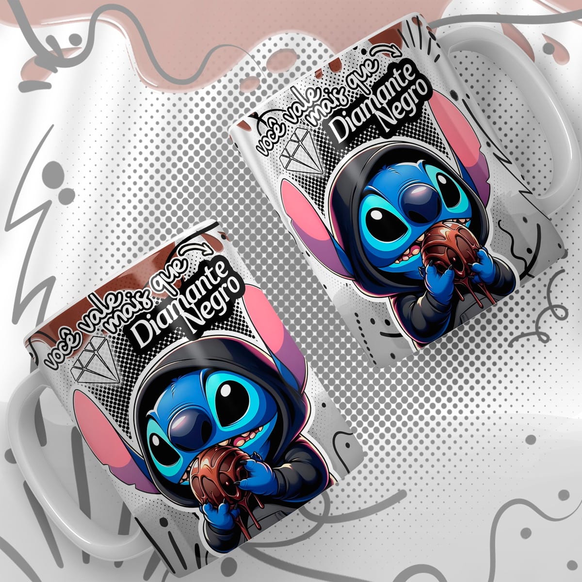 Kit Artes Caneca Páscoa Stitch para Sublimação 2 Arte digital de caneca com personagem azul comendo chocolate, texto 'você vale mais que Diamante Negro'.