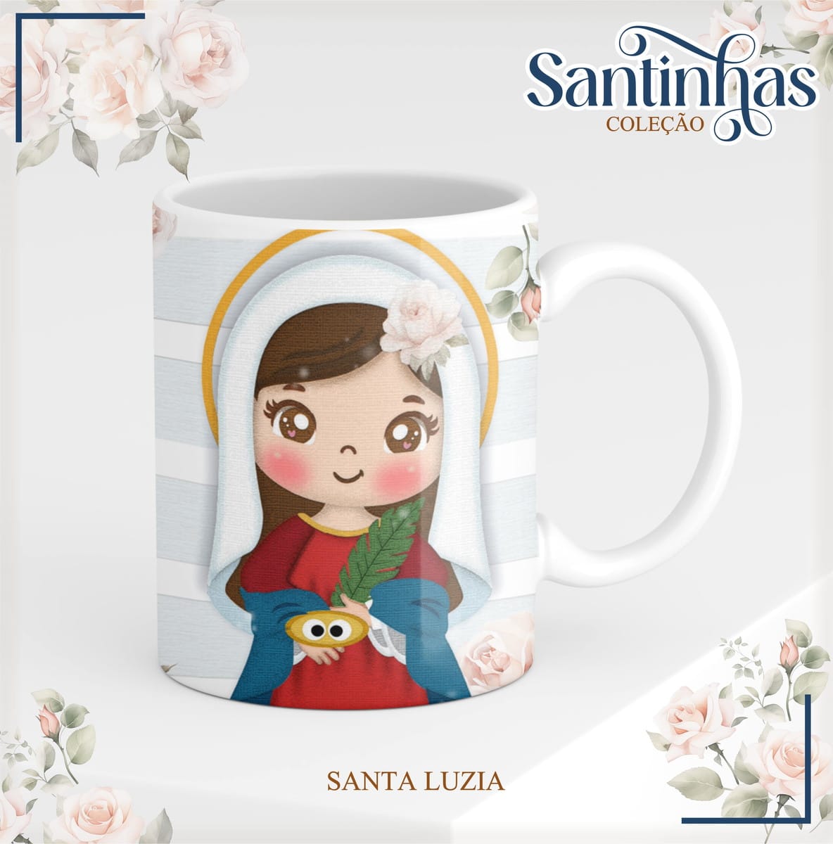 Artes de Santas para Caneca Arquivo Digital Sublimação 2 Caneca branca estampada com desenho infantil de uma figura religiosa e rosas ao redor.