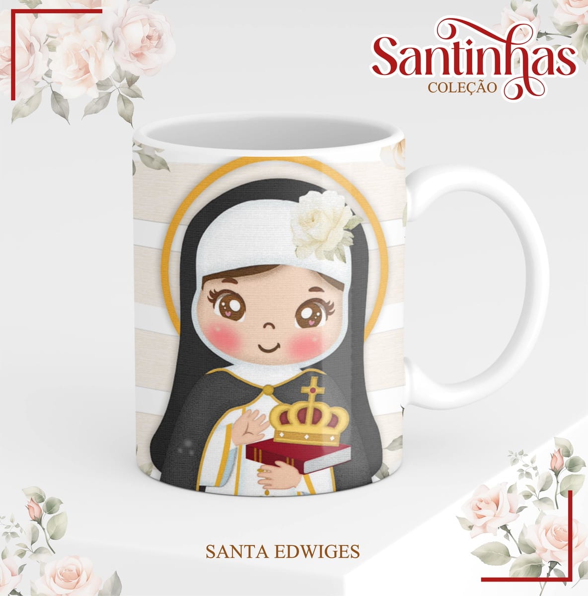 Artes de Santas para Caneca Arquivo Digital Sublimação 3 Caneca branca estampada com ilustração de freira infantil segurando livro e coroa