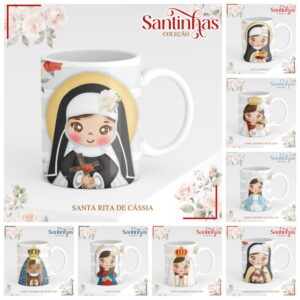 Artes de Santas para Caneca Arquivo Digital Sublimação 13 Caneca branca estampada com ilustração infantil de freira católica e fundo listrado