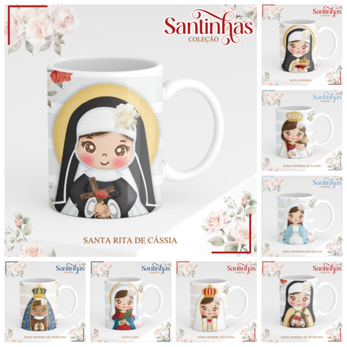 Artes de Santas para Caneca Arquivo Digital Sublimação 1 Caneca branca estampada com ilustração infantil de freira católica e fundo listrado