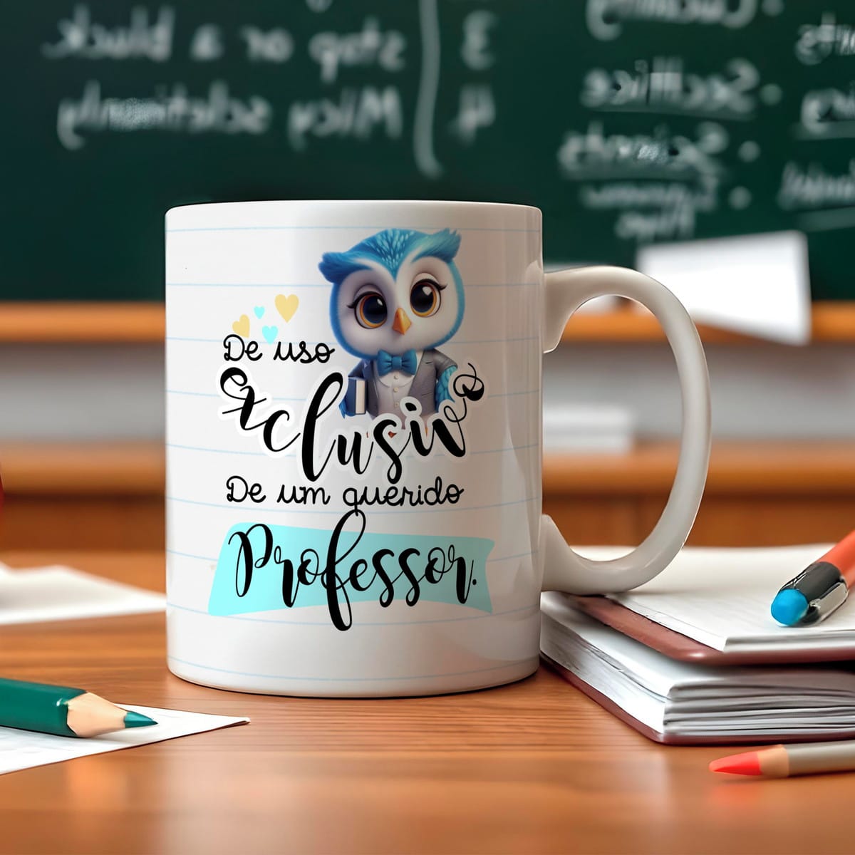 Artes Digitais Dia dos Professores para Sublimação PNG e Corel 4 Caneca branca estampada com coruja azul e escrita em português sobre a mesa.