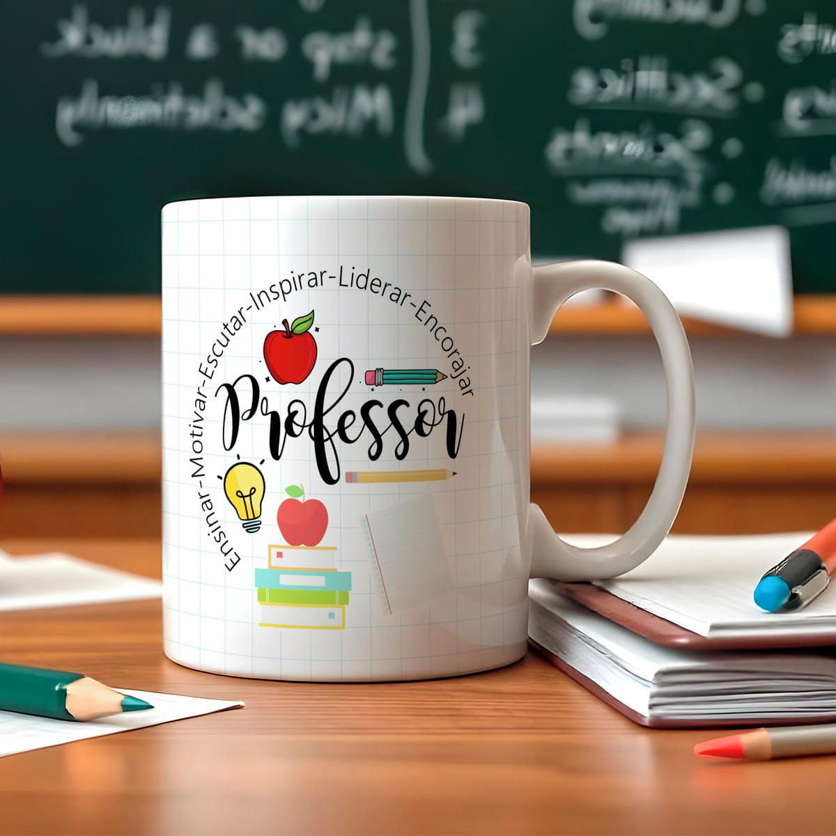 Artes Digitais Dia dos Professores para Sublimação PNG e Corel 5 Caneca branca estampada com tema escolar sobre mesa de madeira