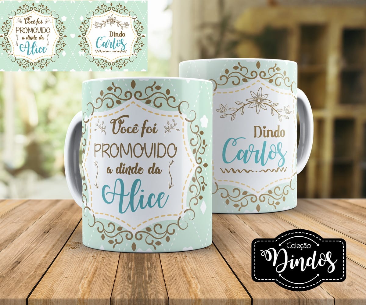Artes Digitais para Caneca de Dinda em PNG e Corel 5 Duas canecas estampadas com molduras ornamentadas e texto em tons de azul e marrom.