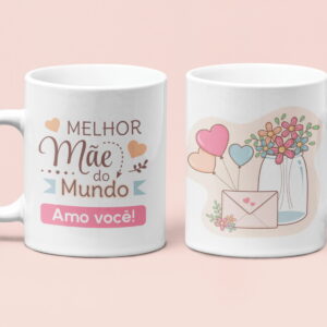 Duas canecas brancas com estampas de corações, flores e mensagens em fundo rosa.