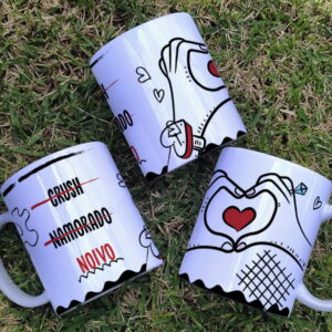 Artes Românticas para Canecas de Casal e Namorados 10 Três designs de arte digital para canecas com tema de relacionamento e amor.