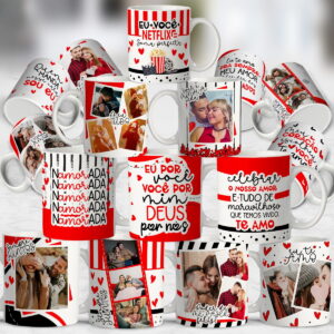 Artes para Caneca de Namorados 2025 em PNG e CorelDRAW 21 Coleção de canecas brancas estampadas com fotos de casais, corações e frases românticas.