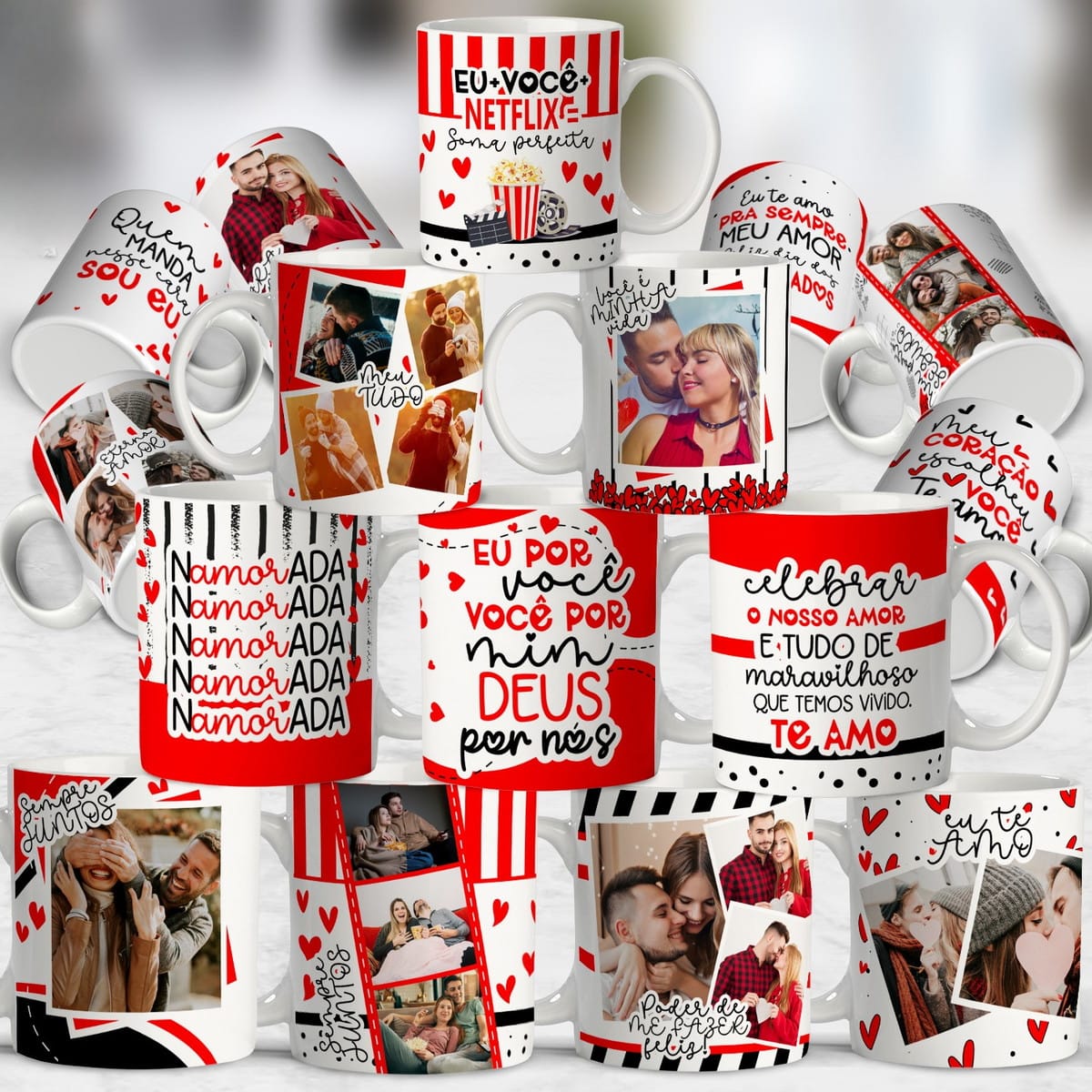 Artes para Caneca de Namorados 2025 em PNG e CorelDRAW 1 Coleção de canecas brancas estampadas com fotos de casais, corações e frases românticas.