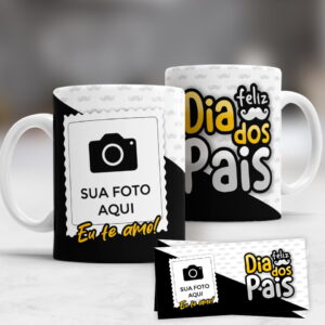 Artes para Caneca Dia dos Pais com Fotos em PNG PDF Corel 14 Duas canecas brancas com estampas personalizadas pretas e amarelas sobre fundo claro.