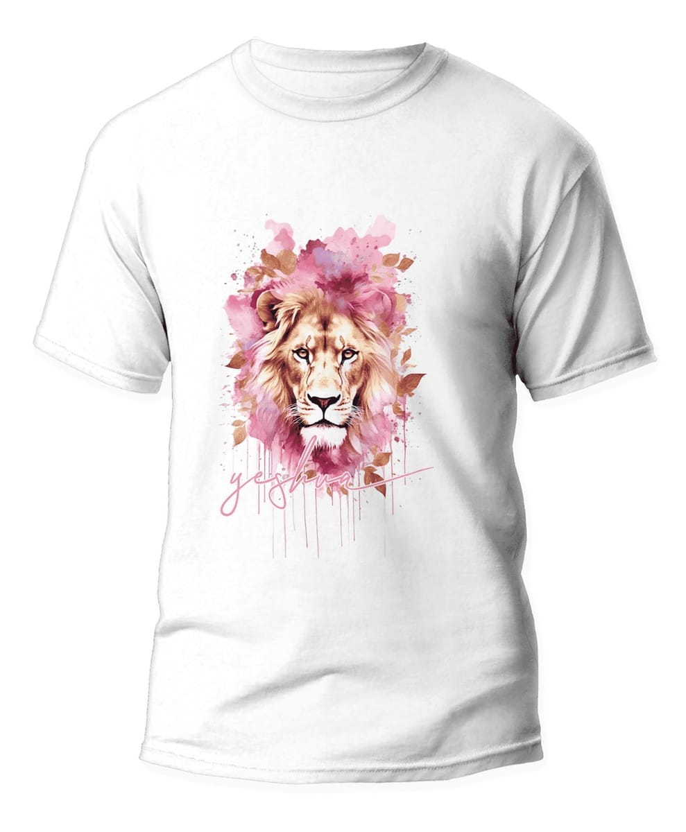 Artes para Sublimação Evangélica em Camisas 4 Camiseta branca estampa de leão com aquarela rosa.