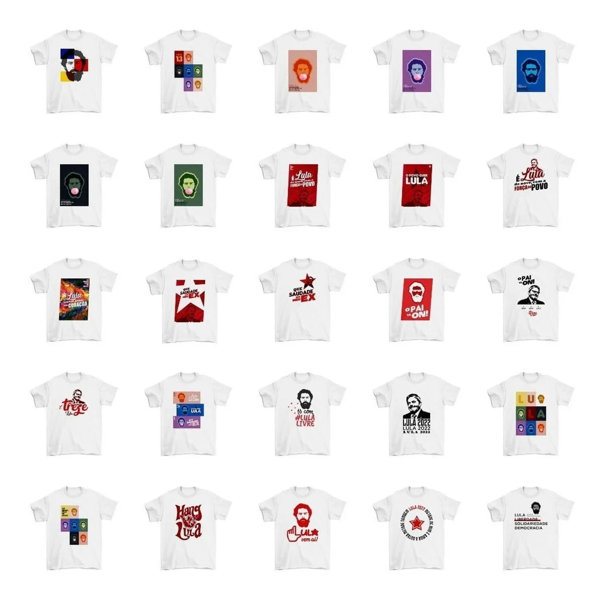 Artes Sublimação Bolsonaro Ciro Lula Candidatos Eleição 2022 9 Coleção de camisetas brancas estampadas com ilustrações políticas variadas dispostas em grade.