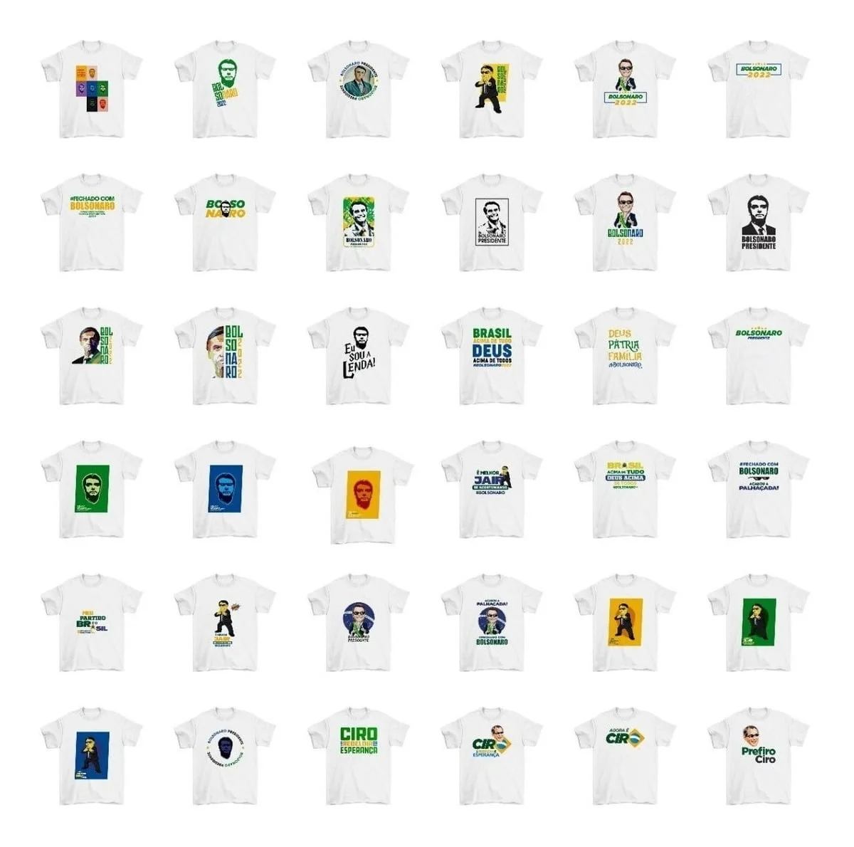 Artes Sublimação Bolsonaro Ciro Lula Candidatos Eleição 2022 8 Diversas camisetas brancas com estampas variadas exibidas em grade.