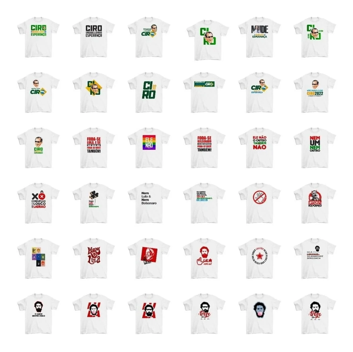 Artes Sublimação Bolsonaro Ciro Lula Candidatos Eleição 2022 7 Fileira de camisetas brancas com estampas variadas exibidas em fundo branco.