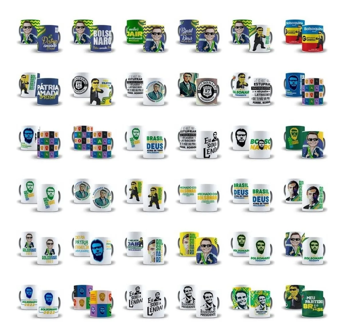Artes Sublimação Bolsonaro Ciro Lula Candidatos Eleição 2022 6 Coleção de canecas brancas estampadas com imagens políticas dispostas em grade.