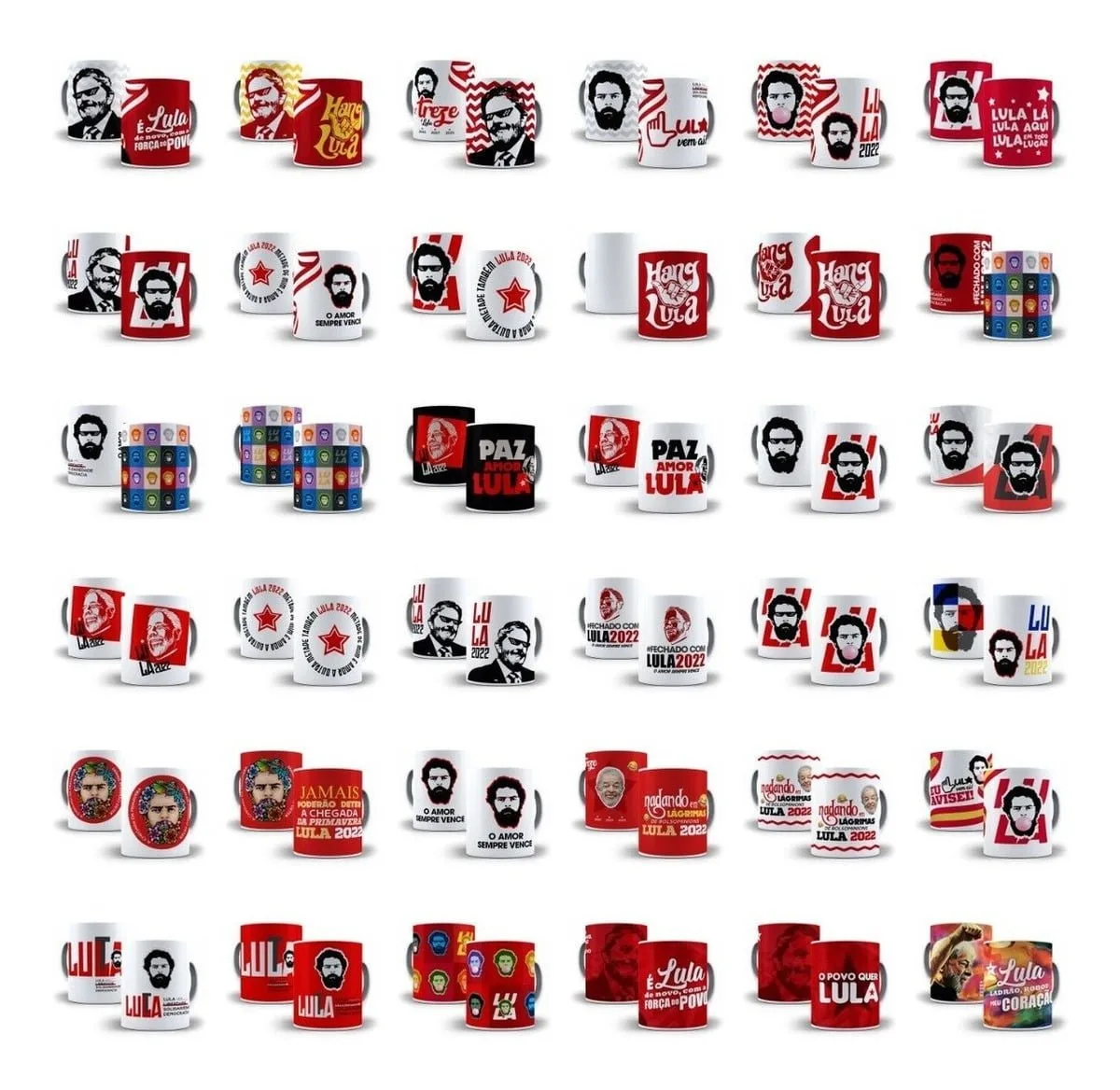 Artes Sublimação Bolsonaro Ciro Lula Candidatos Eleição 2022 4 Coleção de canecas brancas e vermelhas estampadas com rostos e frases.