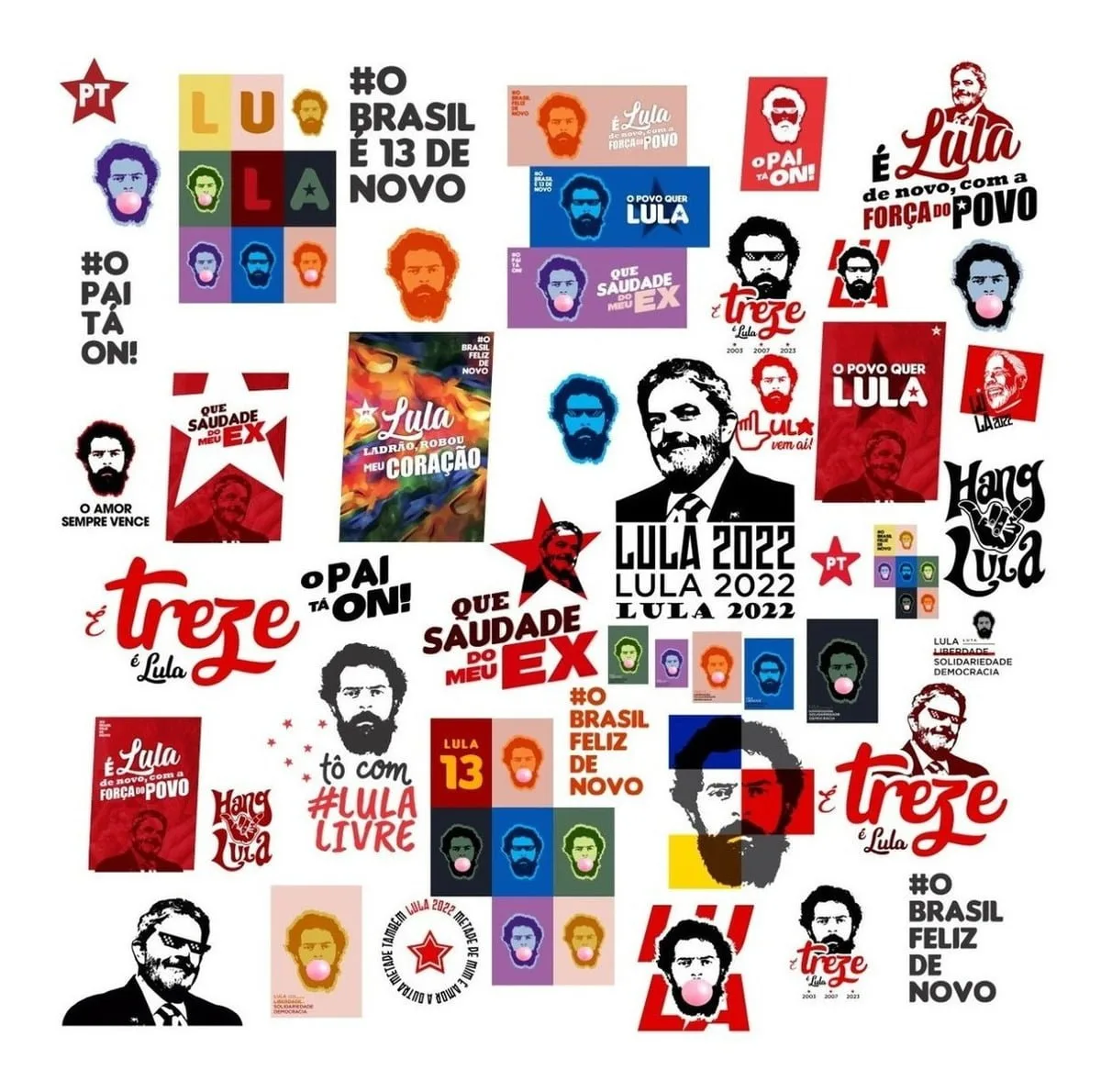 Artes Sublimação Bolsonaro Ciro Lula Candidatos Eleição 2022 1 Coleção de adesivos digitais com ilustrações políticas e frases em português.