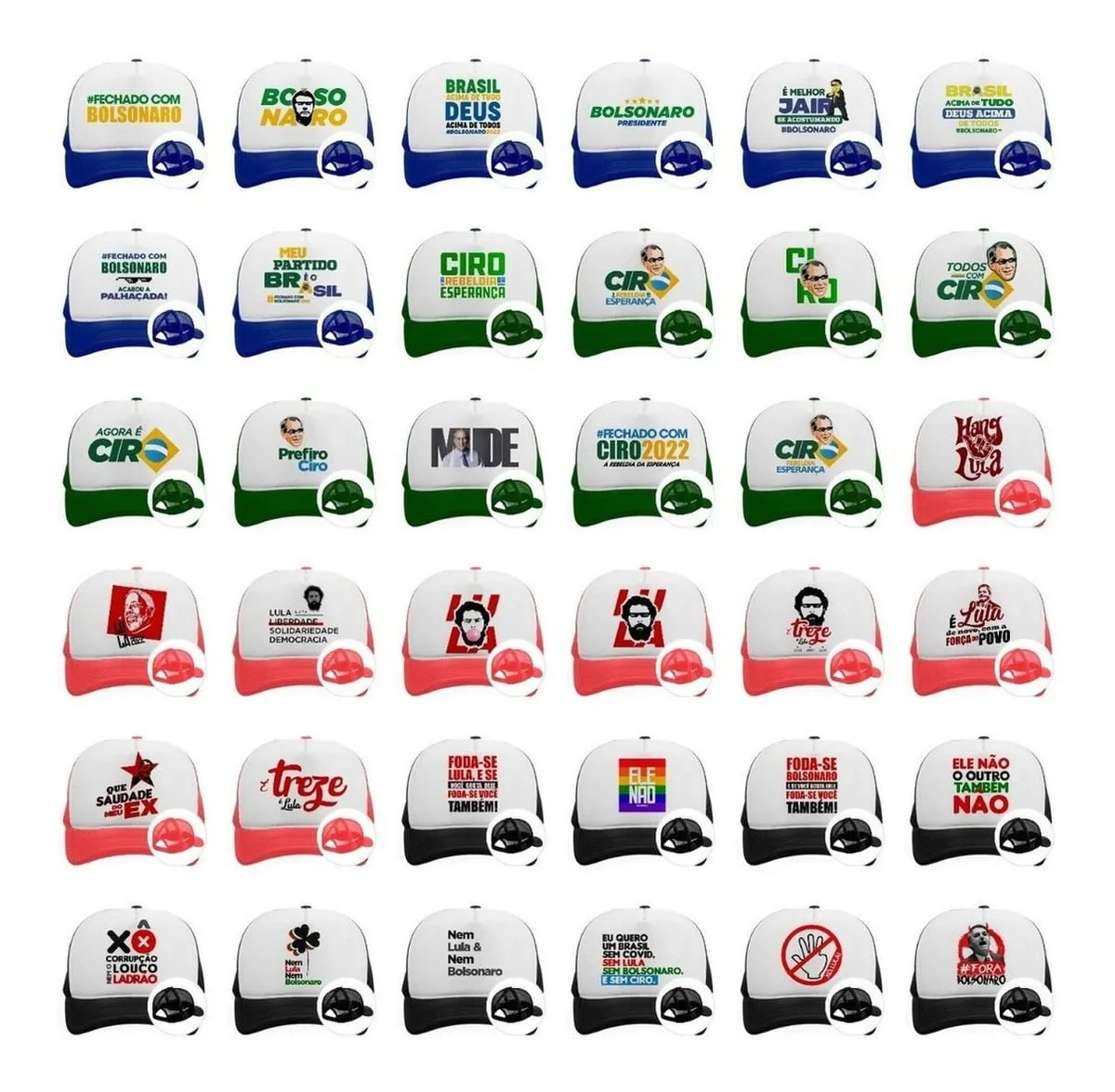 Artes Sublimação Bolsonaro Ciro Lula Candidatos Eleição 2022 10 Coleção de bonés brancos com estampas variadas e coloridas dispostos em linhas.
