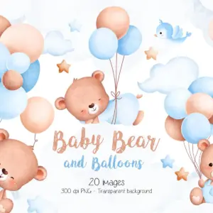Baby Bear and Balloons: Clipart PNG Chá de Bebê Menino