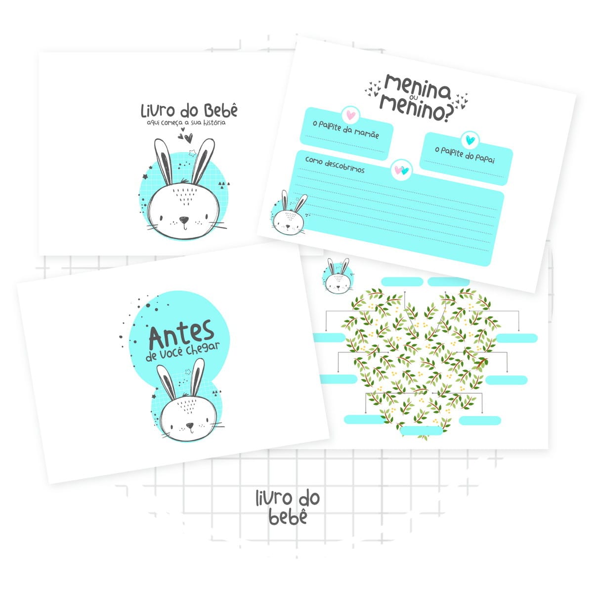 Baixe o Livro do Bebê Escandinavo para Imprimir 2 Paginas de diario infantil com ilustracoes de coelho, textos em portugues e espacos preenchiveis.