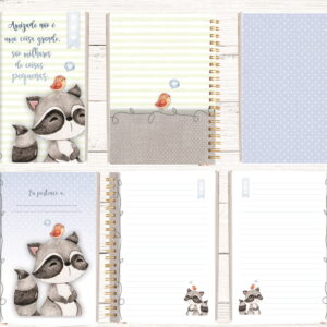 Bloco A5 Digital Bosque Cute para Agenda e Caderno Artesanal 10 Cadernos com ilustrações de guaxinim, passarinho e fundo listrado ou pontilhado