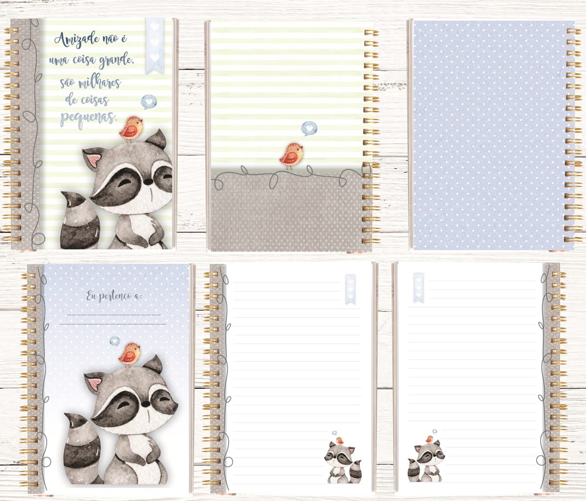Bloco A5 Digital Bosque Cute para Agenda e Caderno Artesanal 1 Cadernos com ilustrações de guaxinim, passarinho e fundo listrado ou pontilhado