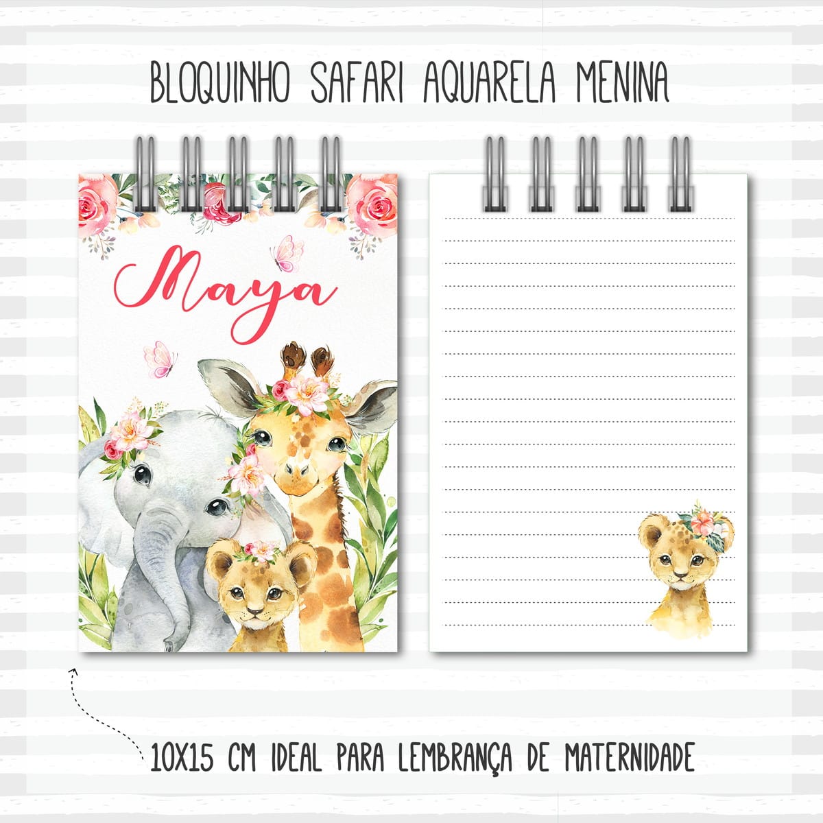 Bloquinho 10x15 Safari Menina Arquivo Digital PNG 1 Arte digital de bloquinho safari aquarela com elefante, girafa e leão, e página pautada.