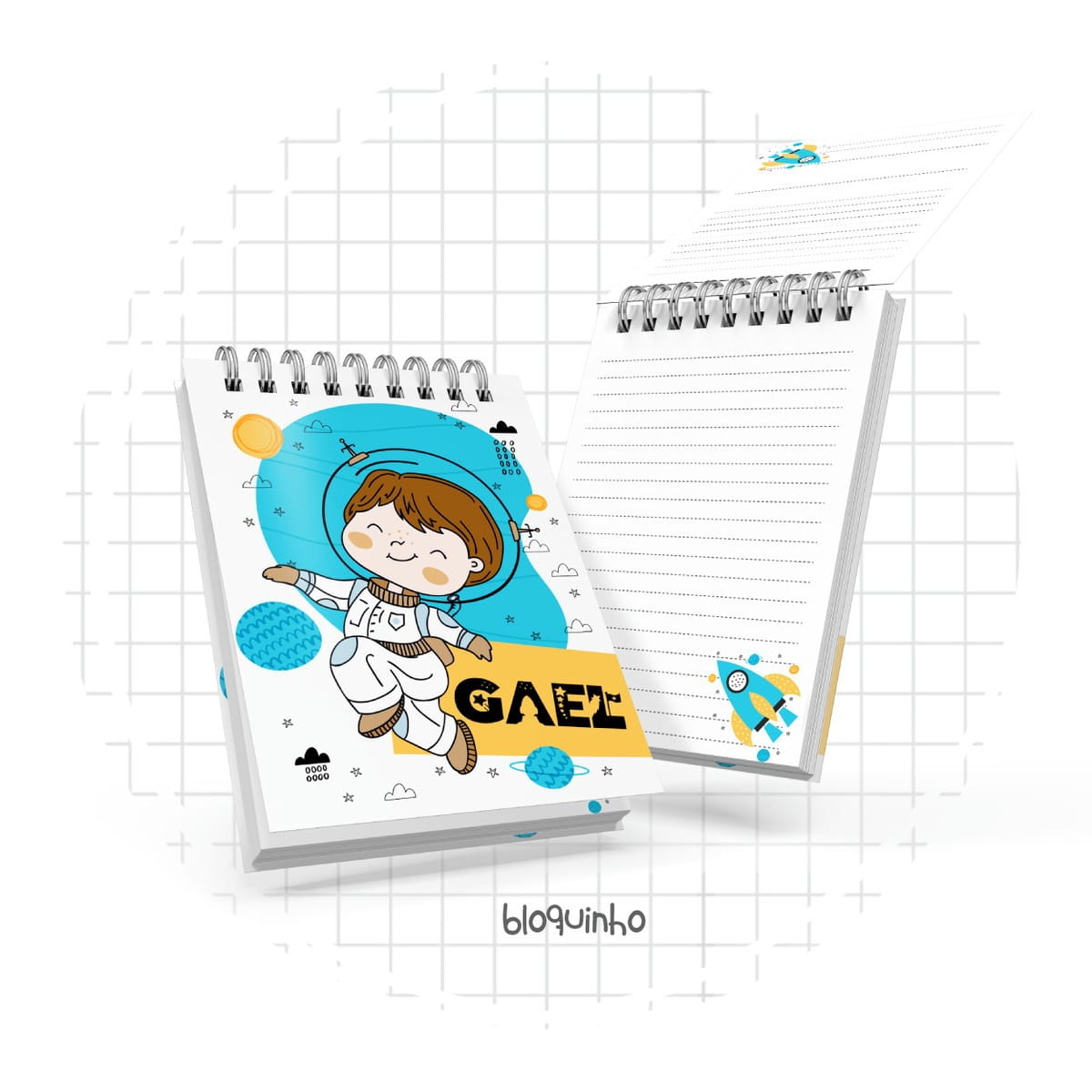 Bloquinho A6 Astronauta Menino Digital Personalizável 2 Arte digital de cadernos espirais com tema espacial e criança astronauta.