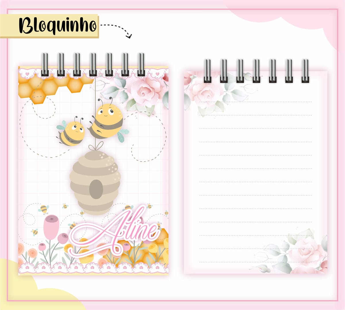 Bloquinho Abelhinha Fofa Digital para Festas Infantis 1 Dois blocos de notas com temática de abelhas e flores em tons rosa.