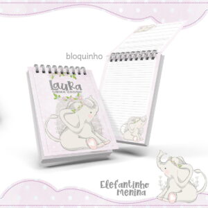Bloquinho Anotações Elefantinho Menina para Personalizar 12 Dois pequenos blocos de notas com espiral e desenho de elefante rosa.