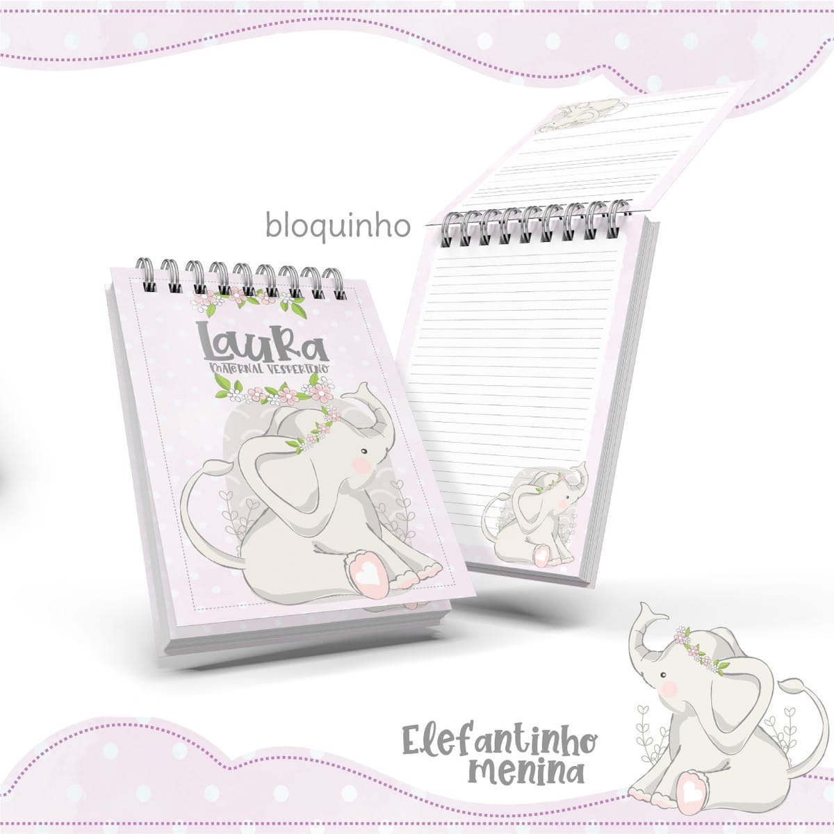 Bloquinho Anotações Elefantinho Menina para Personalizar 1 Dois pequenos blocos de notas com espiral e desenho de elefante rosa.
