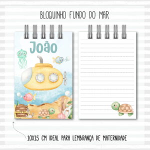 Arte digital de bloquinho com tema fundo do mar, submarino, e animais marinhos.