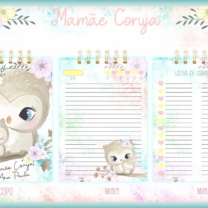 Bloquinho Mamãe Coruja em Aquarela para Lembrancinhas 6 Arte digital de planner com tema de corujas, mostrando capa, miolo diário e lista de compras.