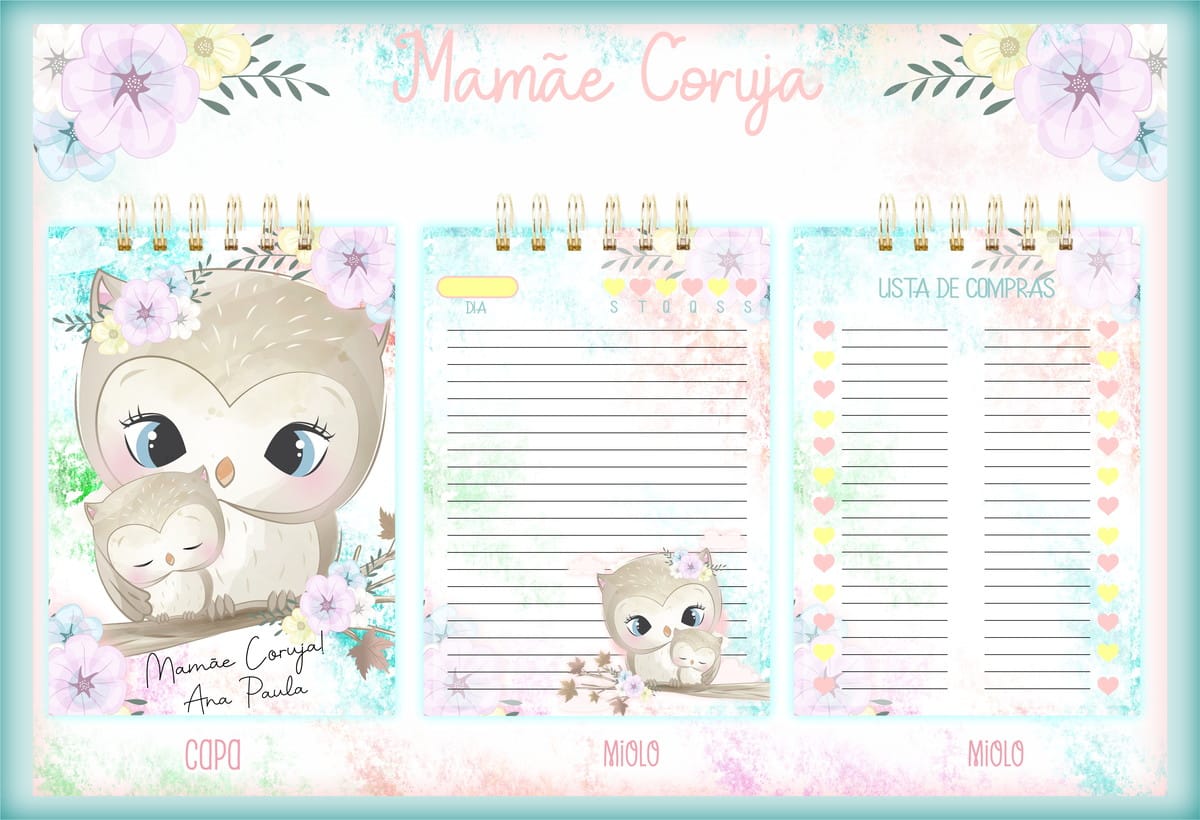 Bloquinho Mamãe Coruja em Aquarela para Lembrancinhas 1 Arte digital de planner com tema de corujas, mostrando capa, miolo diário e lista de compras.
