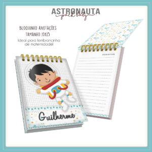 Bloquinho Astronauta Menino Digital Personalizável 10 Arte digital de bloquinhos de anotações com tema espacial infantil e menino astronauta.