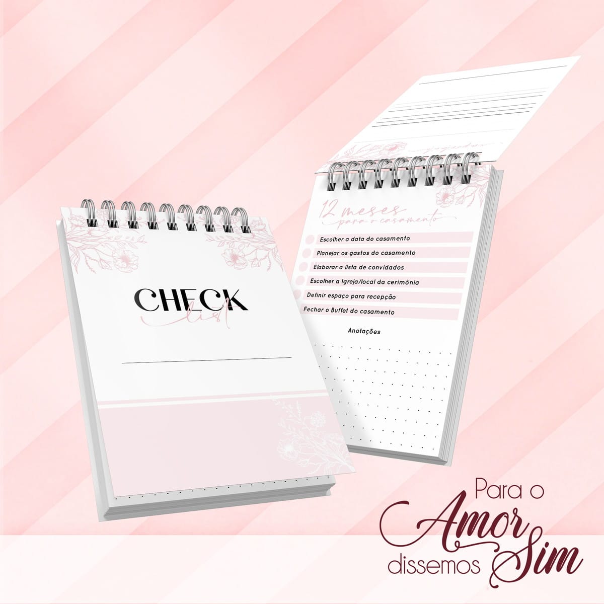 Bloquinho Checklist de Casamento Arquivo Digital 2 Arte digital de planejador de casamento aberto com lista de tarefas e anotações.
