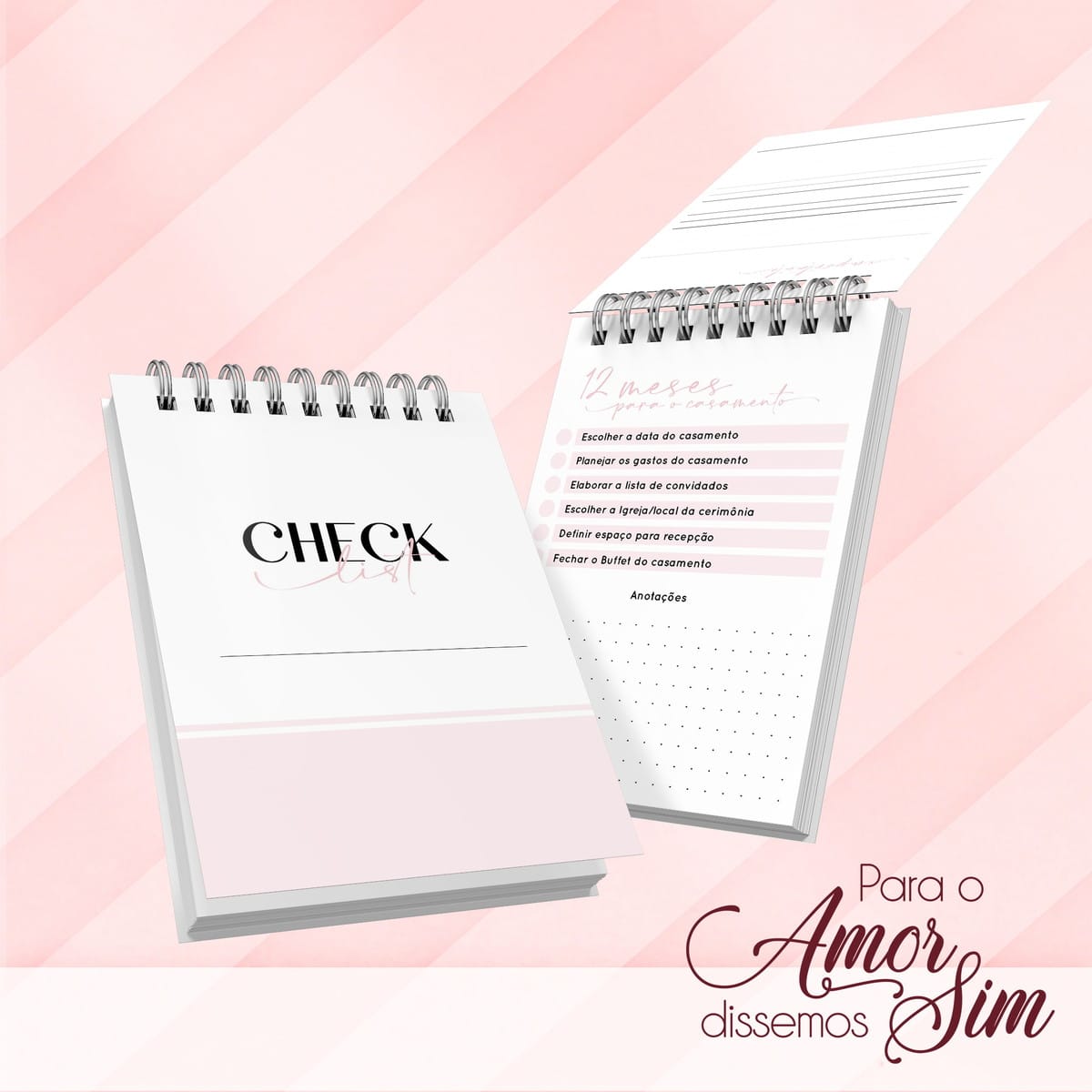 Bloquinho Checklist de Casamento Arquivo Digital 3 Planners digitais de casamento com lista de tarefas e anotações, fundo rosa.