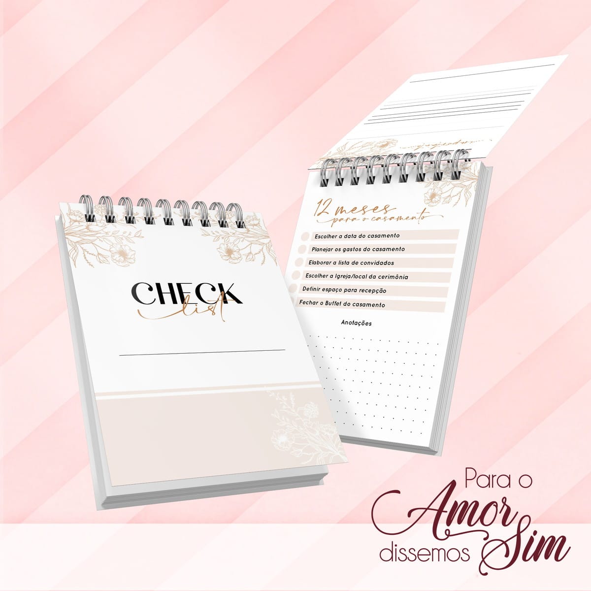 Bloquinho Checklist de Casamento Arquivo Digital 4 Arte digital de duas checklists de casamento, uma aberta com tarefas de planejamento.